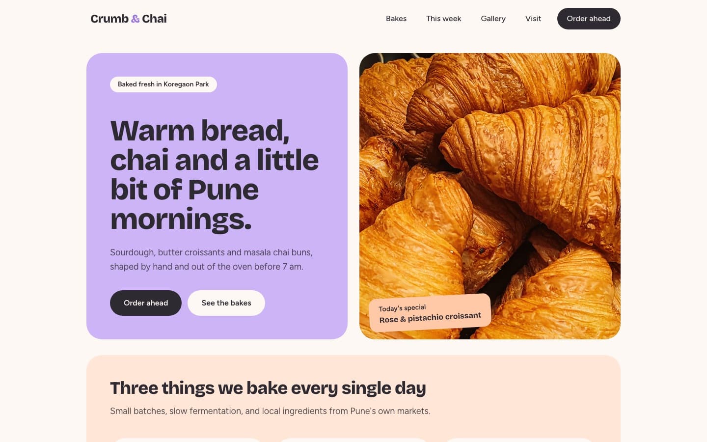 Crumb & Chai bakery website: a bold headline in a lilac block beside a photo of croissants